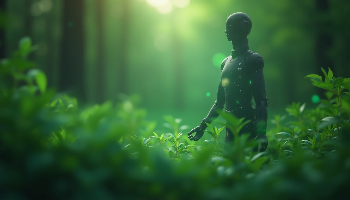 A humanoid robot stands among lush green plants in a sunlit forest, surrounded by vibrant foliage and soft, glowing light.