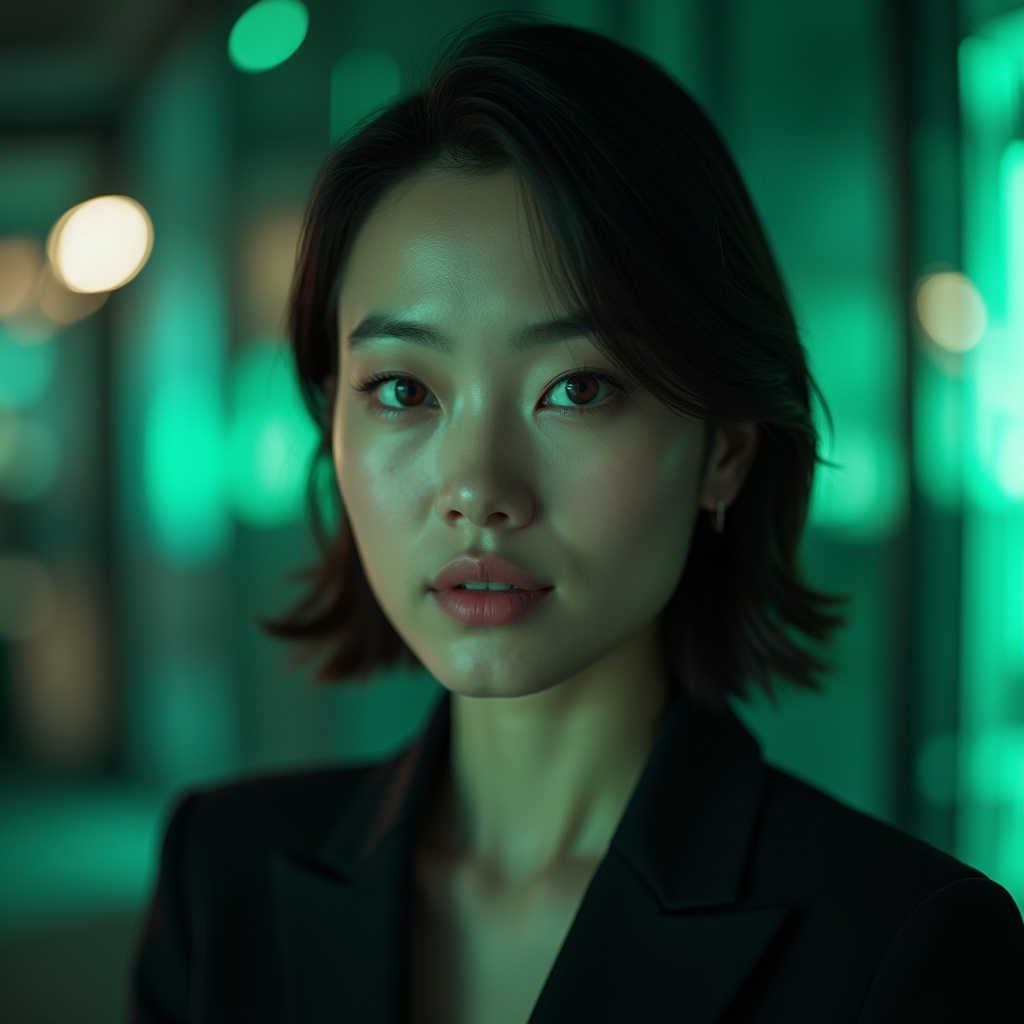 A woman with short brown hair and a serious expression stands indoors, illuminated by green ambient lighting. She is wearing a dark blazer, and the background is softly blurred with glowing lights.
