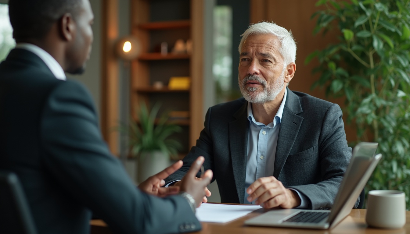 Two men in business suits have a serious conversation at a desk in an office, with a laptop, documents, and a plant visible in the background. One man is gesturing with his hands while the other listens intently.