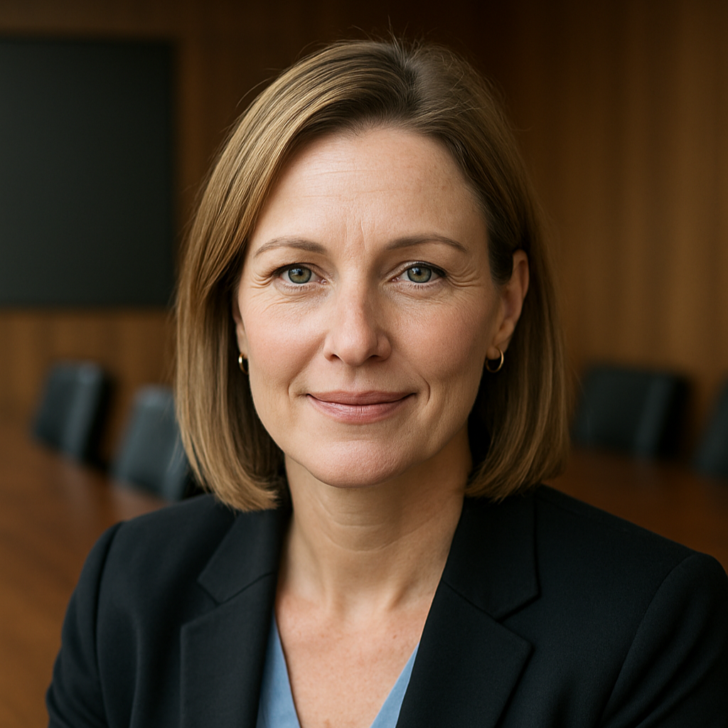 A woman with short light brown hair, wearing a dark blazer and light blue top, sits in a conference room with wooden walls and an empty meeting table in the background, looking confidently at the camera.