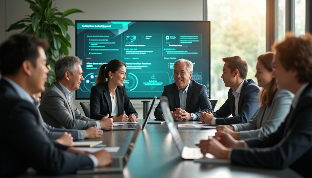A group of business professionals in suits sit around a conference table, engaged in discussion. A large screen behind them displays charts and information, suggesting a meeting or presentation in a modern office setting.