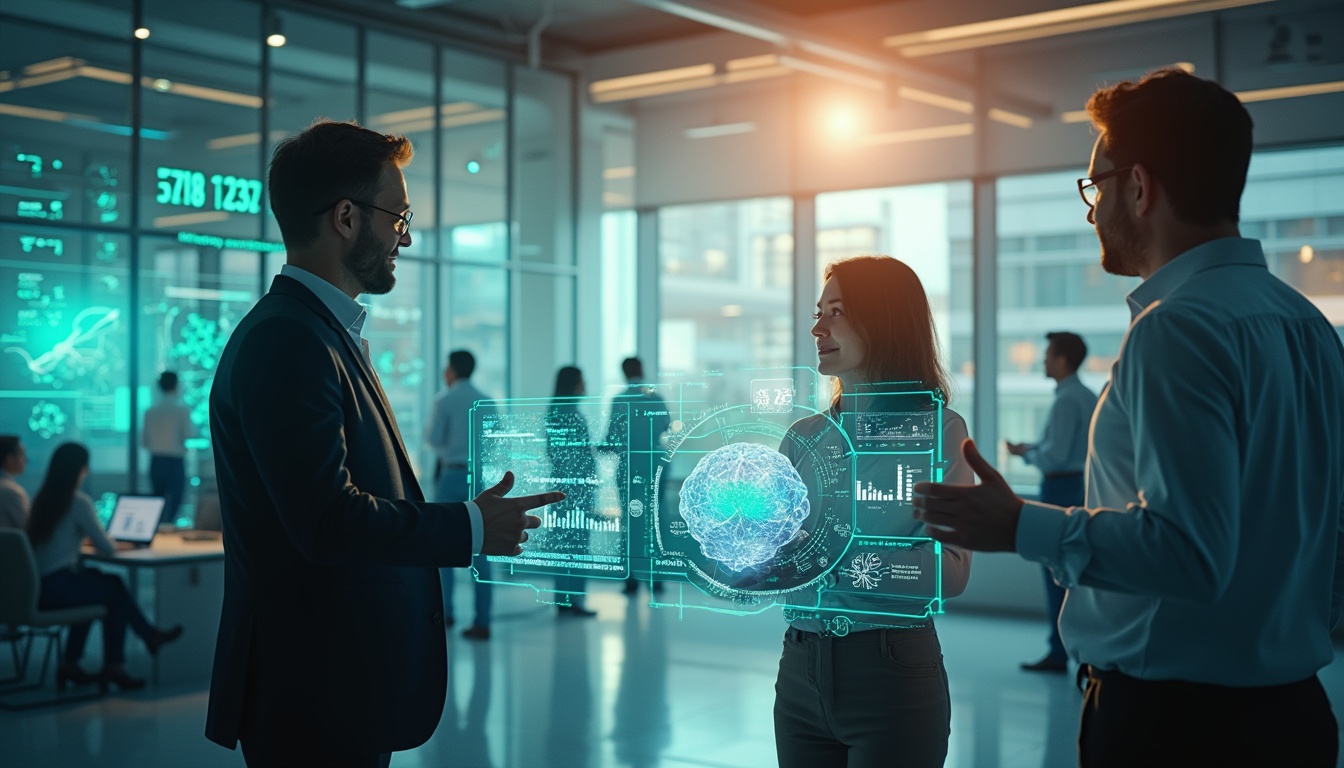 Three professionals stand in a modern office, discussing data displayed on futuristic holographic screens, including a brain diagram and charts, with colleagues working in the background.