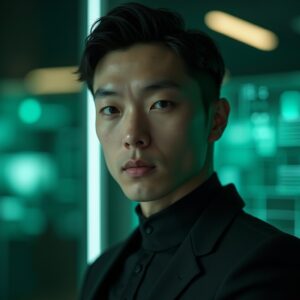 A young man with short dark hair, wearing a black suit, stands in front of a glowing green digital background with illuminated screens and graphs.