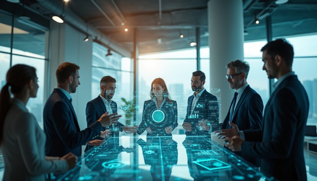 Business professionals in formal attire gather around a futuristic glass table with glowing digital interface projections, discussing data and technology in a modern office with large windows and city views.