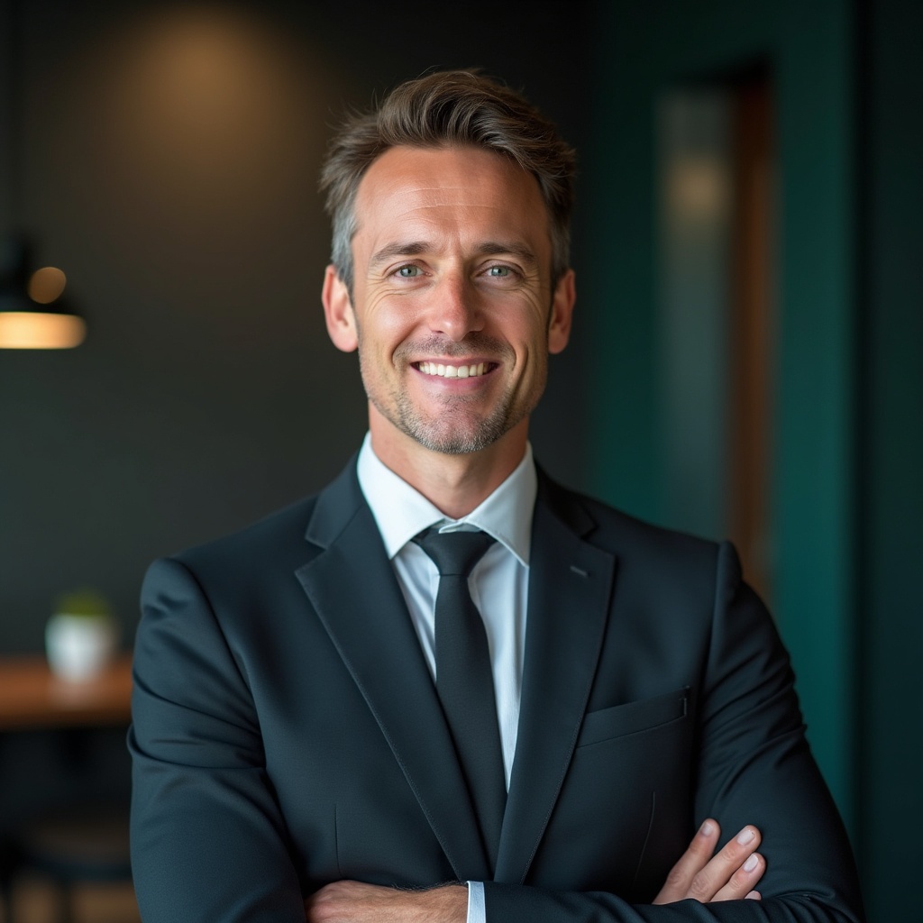 A smiling man in a dark suit and tie stands with arms crossed in a modern office with dark walls and soft lighting in the background.