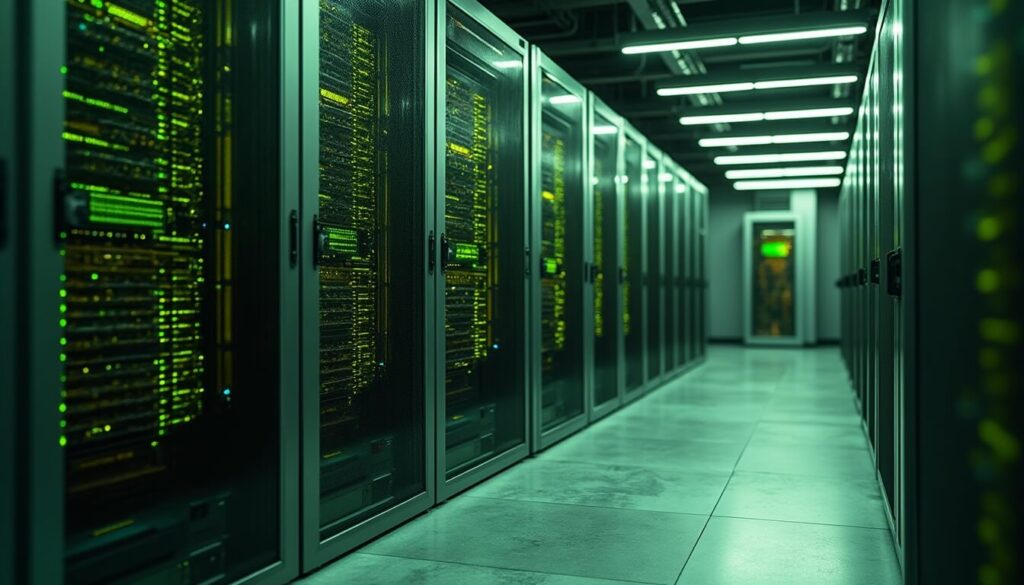 A row of server racks with glowing green lights lines a modern data center room, featuring reflective tiled floors and overhead fluorescent lighting.