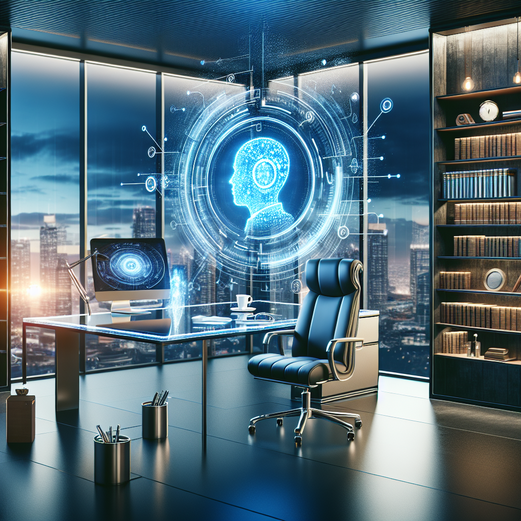 A modern office with a large desk, leather chair, computer, and bookshelves, featuring a glowing digital hologram of a human head surrounded by tech icons, set against a city skyline at sunset.