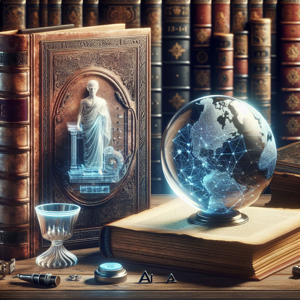 A holographic globe with digital connections sits on an old book, beside an ornate ancient book with a holographic statue on its cover, surrounded by vintage books and scientific objects on a wooden desk.