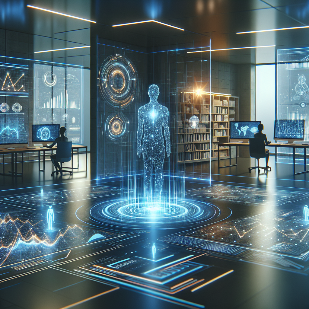 A futuristic office with holographic displays, digital graphs, and a glowing human figure projection in the center, surrounded by people working at computer stations and illuminated data panels.