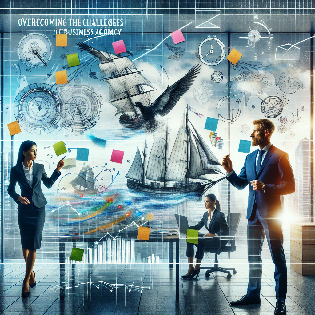 Business professionals in formal attire discuss ideas in a modern office, with drawings of ships, graphs, gears, and sticky notes symbolizing overcoming challenges. Overcoming the Challenges of Business Agamcy is visible on the wall.