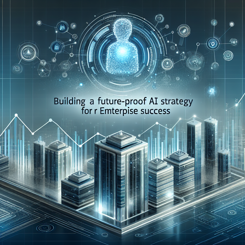 A futuristic digital cityscape with skyscrapers, data charts, and a glowing AI figure above, with text: Building a future-proof AI strategy for Enterprise success.