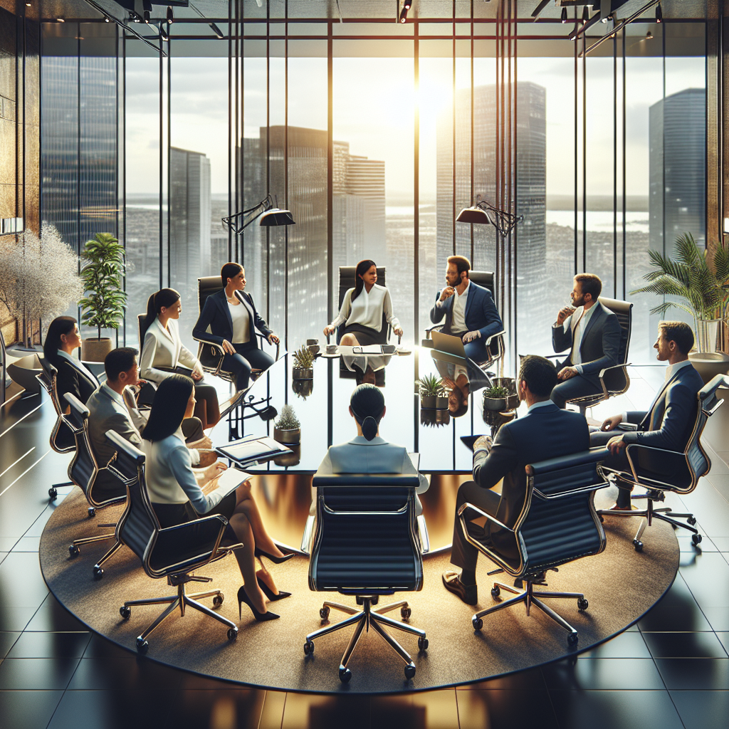 Executives engaged in a meeting in a modern glass office with a cityscape view, discussing leadership strategies and challenges for business growth.