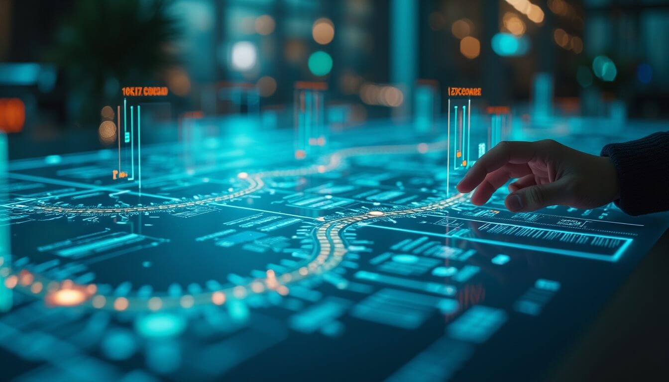 A hand interacts with a futuristic, glowing digital touchscreen displaying complex data, charts, and graphs, set in a modern, dimly lit control room environment with a tech-focused atmosphere.