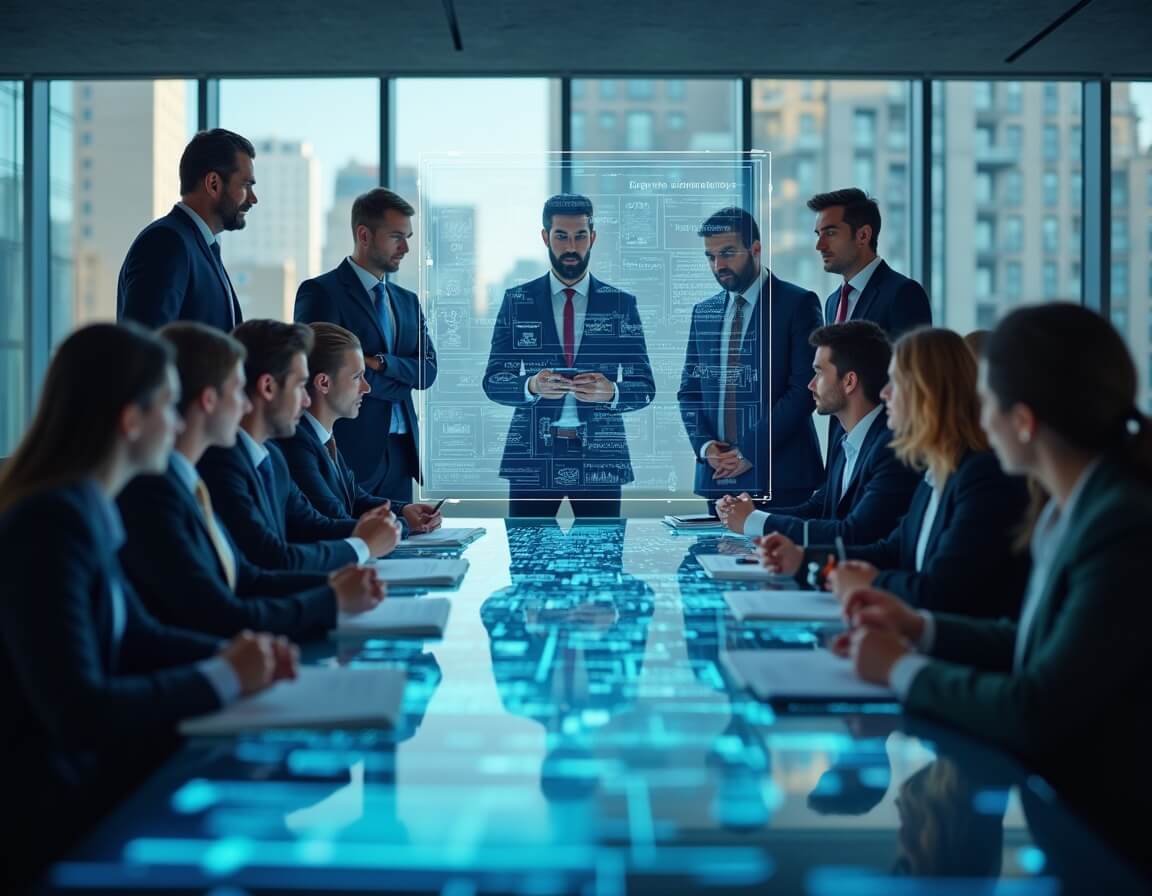 A group of business professionals in suits sit around a futuristic conference table with digital screens, listening to a man standing and presenting data in a modern office with large windows, building AI implementation