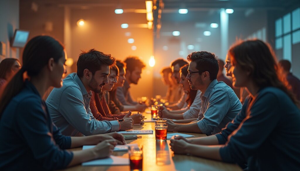 A group of young adults sits across from each other at a long table, engaged in conversation and holding drinks, in a warmly lit, modern indoor setting with a lively atmosphere.