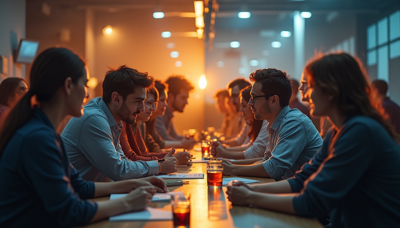 A group of young adults sits across from each other at a long table, engaged in conversation and holding drinks, in a warmly lit, modern indoor setting with a lively atmosphere.