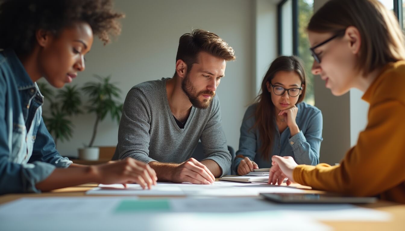 Four people sit around a table in an office, closely reviewing documents and charts. They appear focused and engaged in discussion, with natural light coming through large windows in the background.
