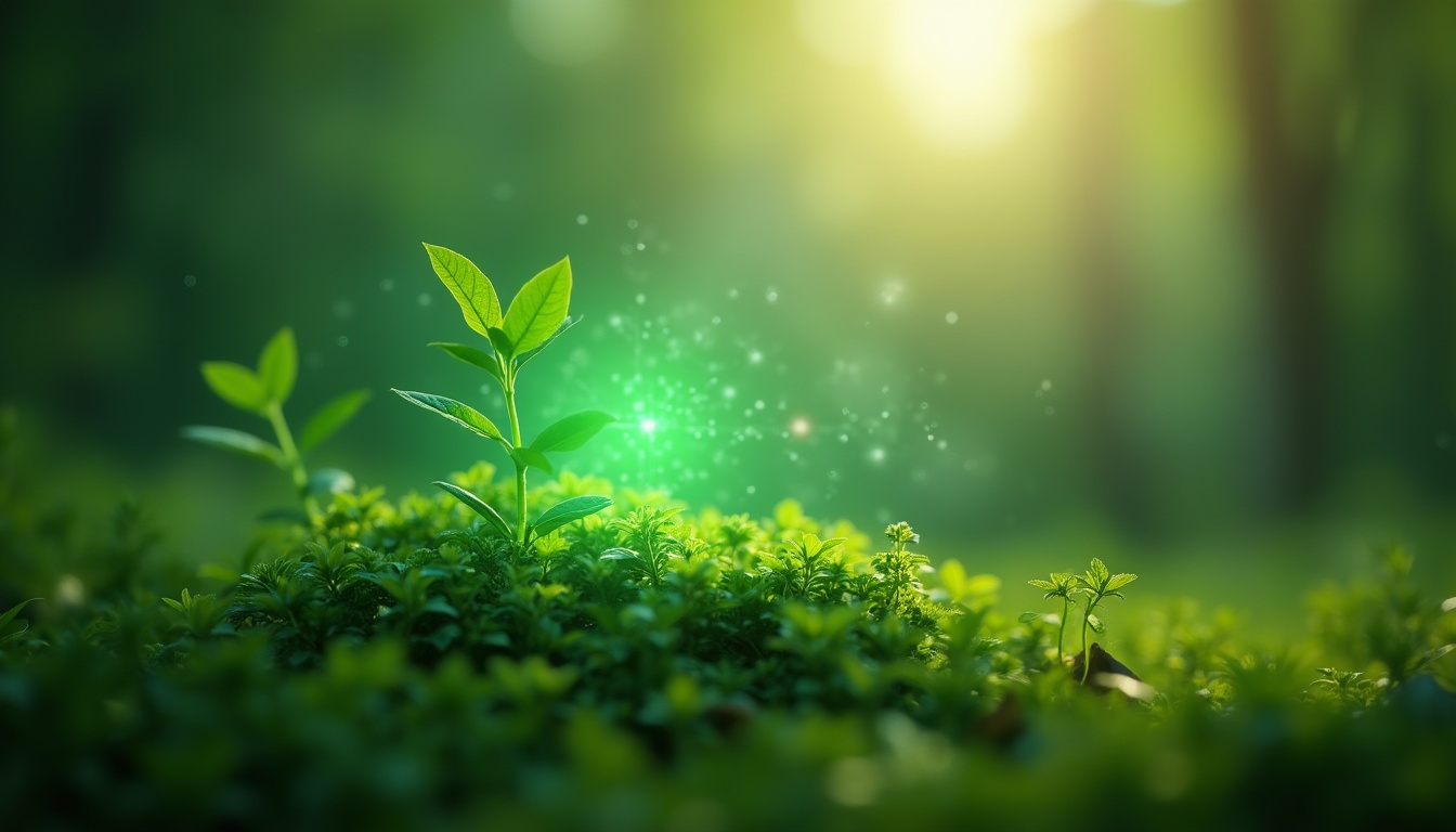 A young green plant grows amidst lush moss with sparkling lights around it, set against a blurred, sunlit forest background.