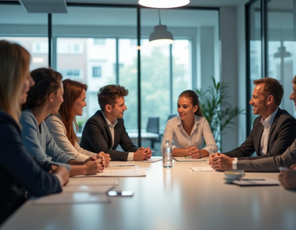 A group of business professionals in a conference room engaged in discussion, emphasizing leadership coaching and transformation insights.