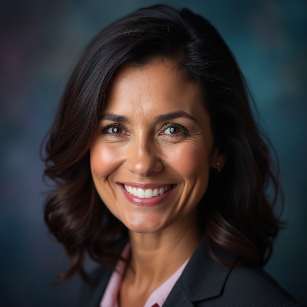 a woman smiling in professional outfit