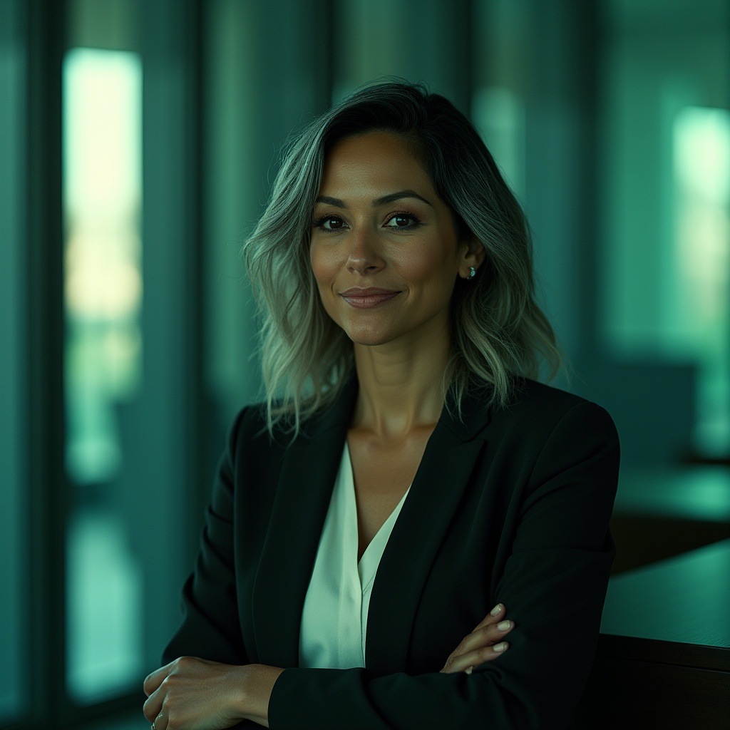 A confident woman with wavy shoulder-length hair wearing a dark blazer and white blouse stands with arms crossed in a modern office with large windows and soft lighting.