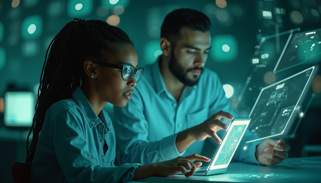 Two people work together at a desk, interacting with a glowing tablet and floating holographic screens, surrounded by digital data graphics in a dark, high-tech environment.