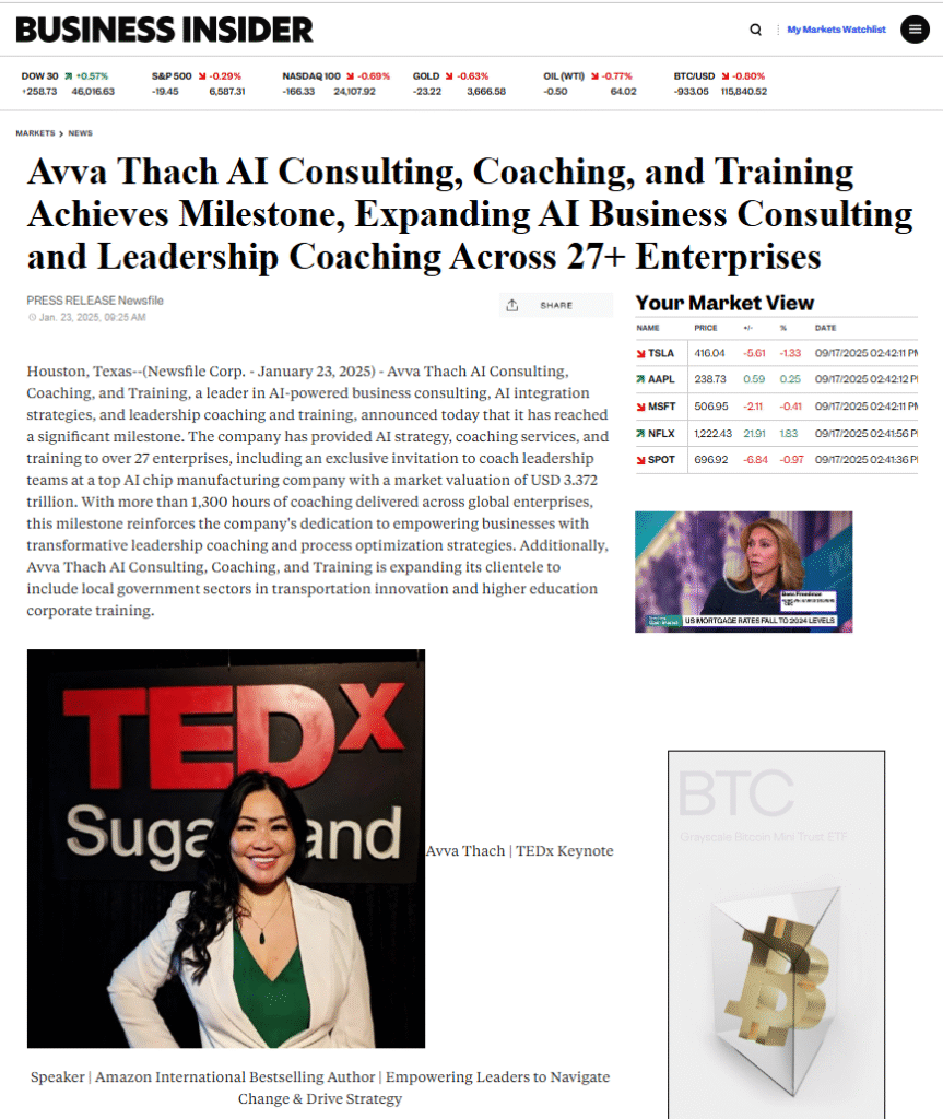 A Business Insider article highlights Avva Thach’s milestone in AI consulting and leadership coaching for 27+ enterprises. The page features her TEDx keynote photo and an image labeled “BTC” with digital elements.