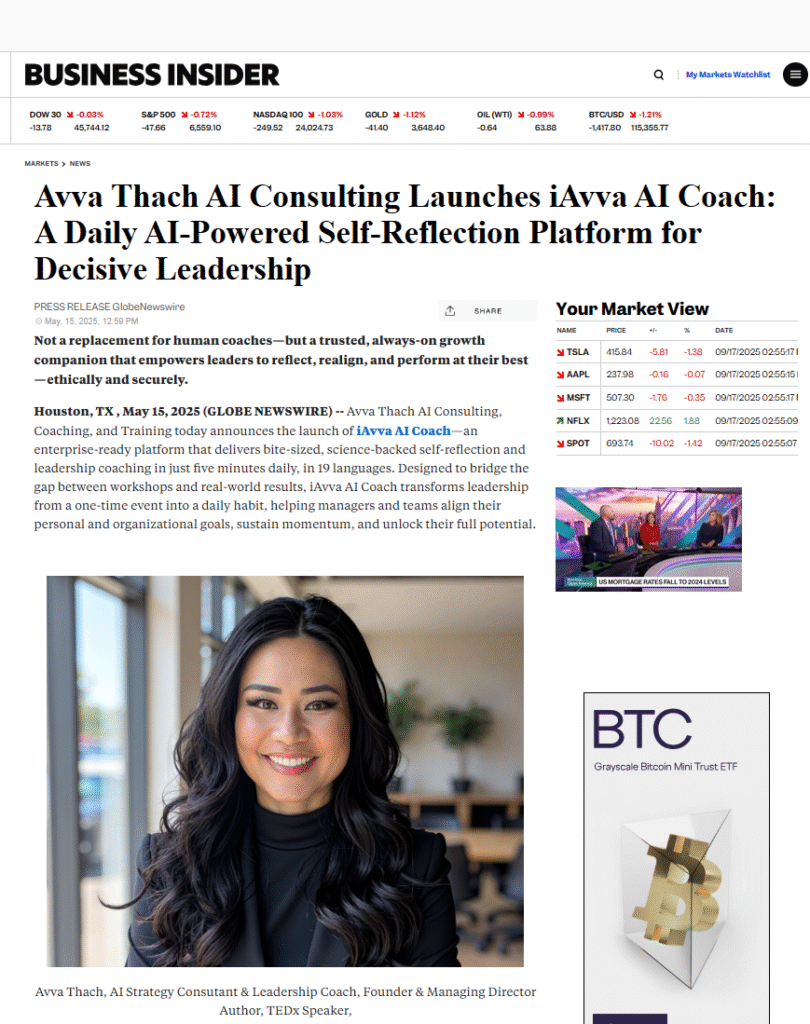 Avva Thach, who is a woman with long dark hair smiles at the camera, standing in front of a blurred indoor background. Text beside her announces the launch of iAvva AI Coach, an AI-powered self-reflection platform for leadership.