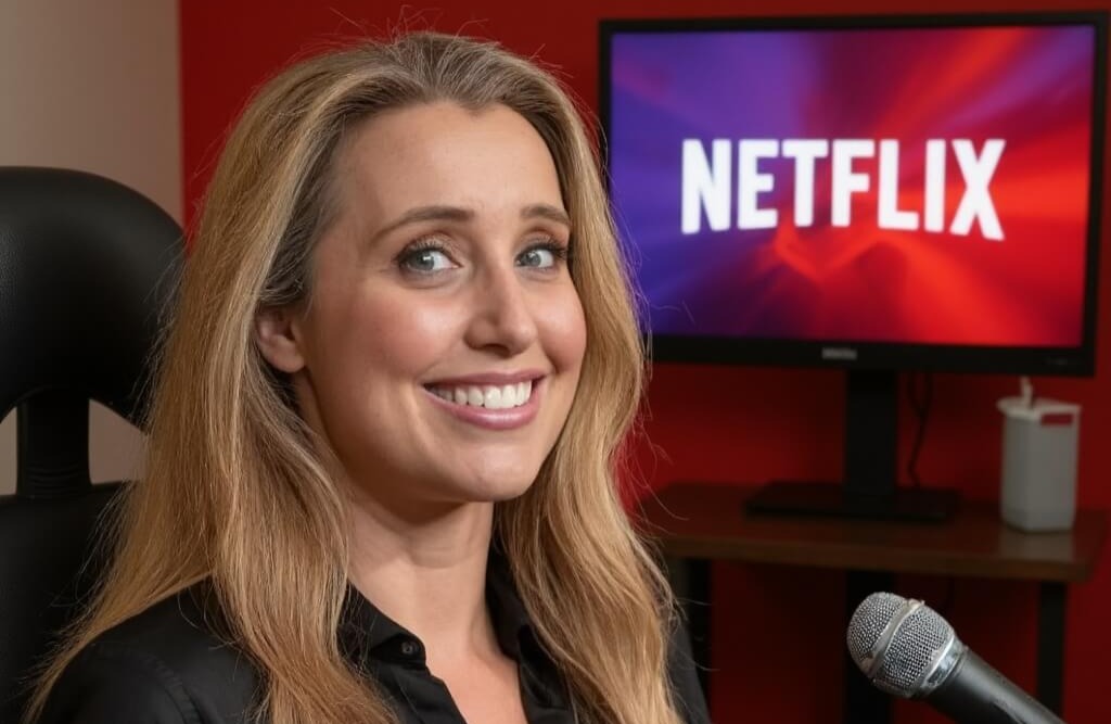 A woman with long blonde hair smiles while holding a microphone. Behind her, a monitor displays the Netflix logo—perfect inspiration for digital transformation champions who want to motivate and educate their teams with innovative tools.