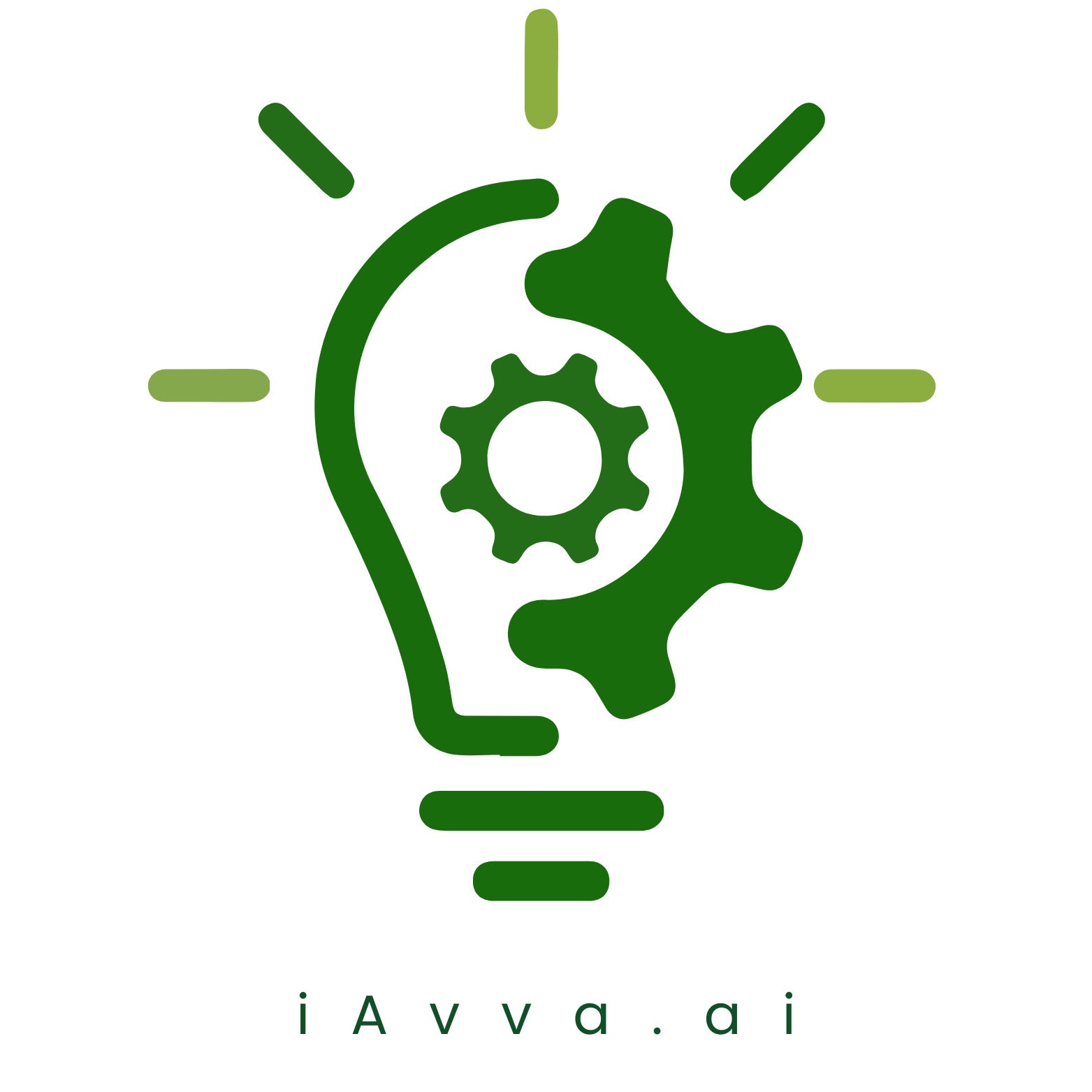 A green lightbulb icon combined with a gear in the center, with radiating lines suggesting illumination. Below the graphic, the text reads iAvva.ai in lowercase letters.