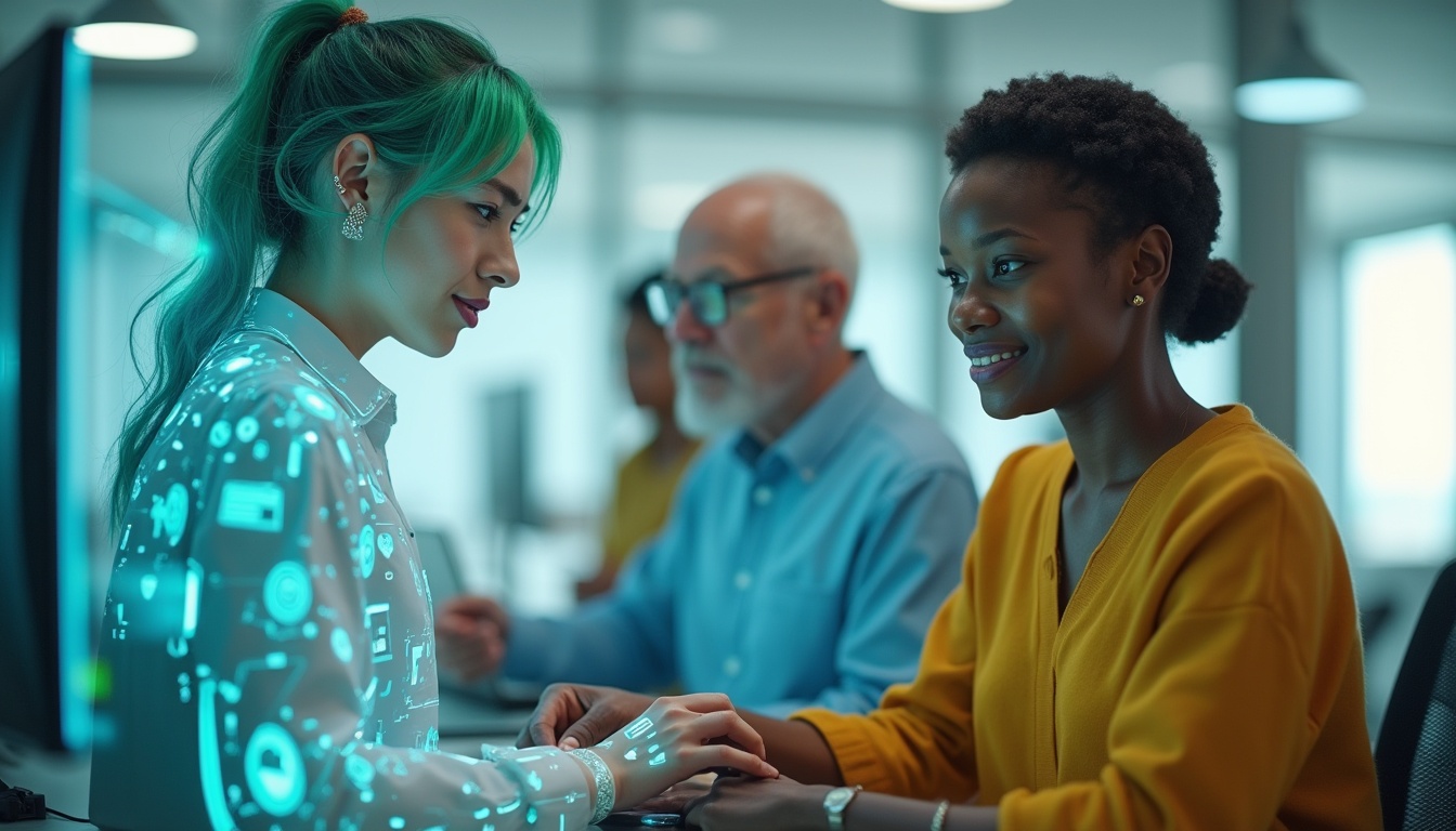 Two women sit across from each other at a desk, one with green hair and glowing digital icons on her clothes, the other smiling in a yellow top. In the background, an older man works at a computer in a modern office.