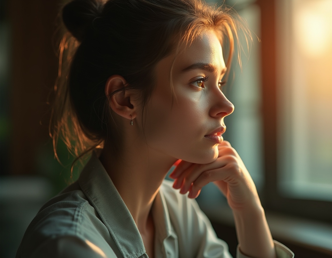 A young woman with light brown hair in a bun gazes thoughtfully out a window, resting her chin on her hand, as warm sunlight softly illuminates her face and creates a serene atmosphere.