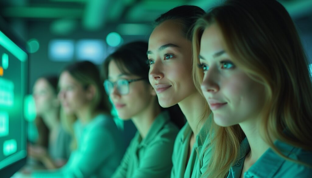 A group of young women, focused and collaborative, sit side by side in front of glowing computer screens in a modern, teal-lit tech workspace.