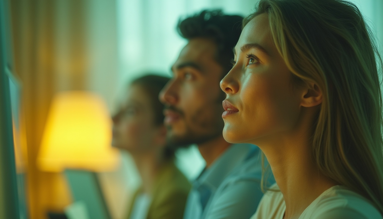 Three people sit in profile, focused intently on screens in a softly lit room with a warm lamp in the background, suggesting a collaborative or learning environment.