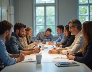 A group of professionals sit around a long conference table, engaged in discussion and looking at documents. Sunlight streams through large windows, creating a bright, collaborative atmosphere.
