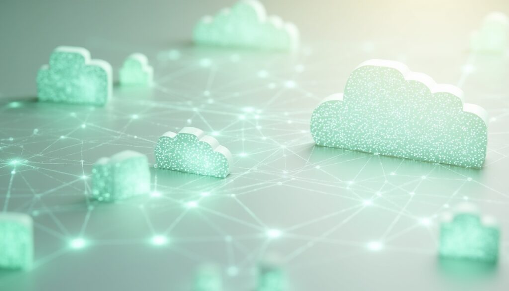 Illustration of digital clouds against a network-inspired background, symbolizing AI and connectivity in leadership coaching