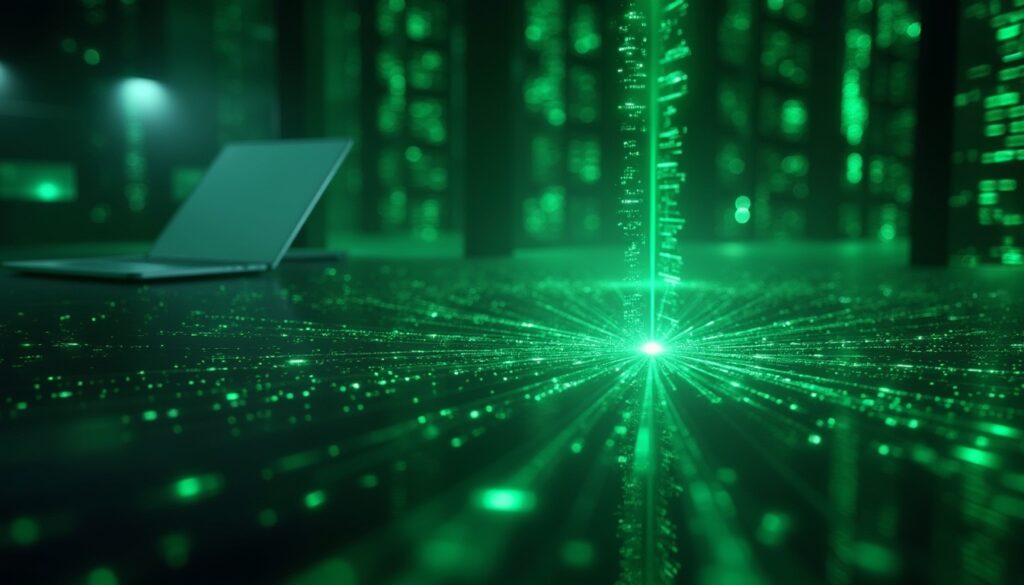 A laptop sits on a dark surface, surrounded by glowing green digital data streams and particles, creating a futuristic, matrix-like atmosphere.