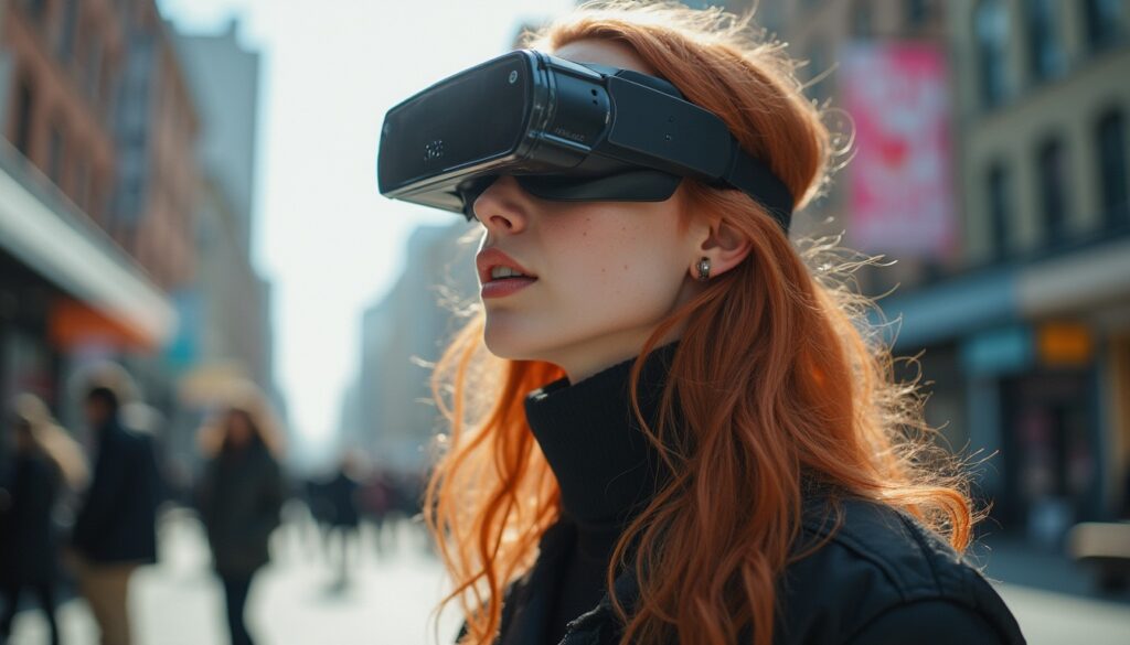 A woman with long red hair wearing a virtual reality headset stands outdoors on a city street, surrounded by blurred buildings and people in the background.