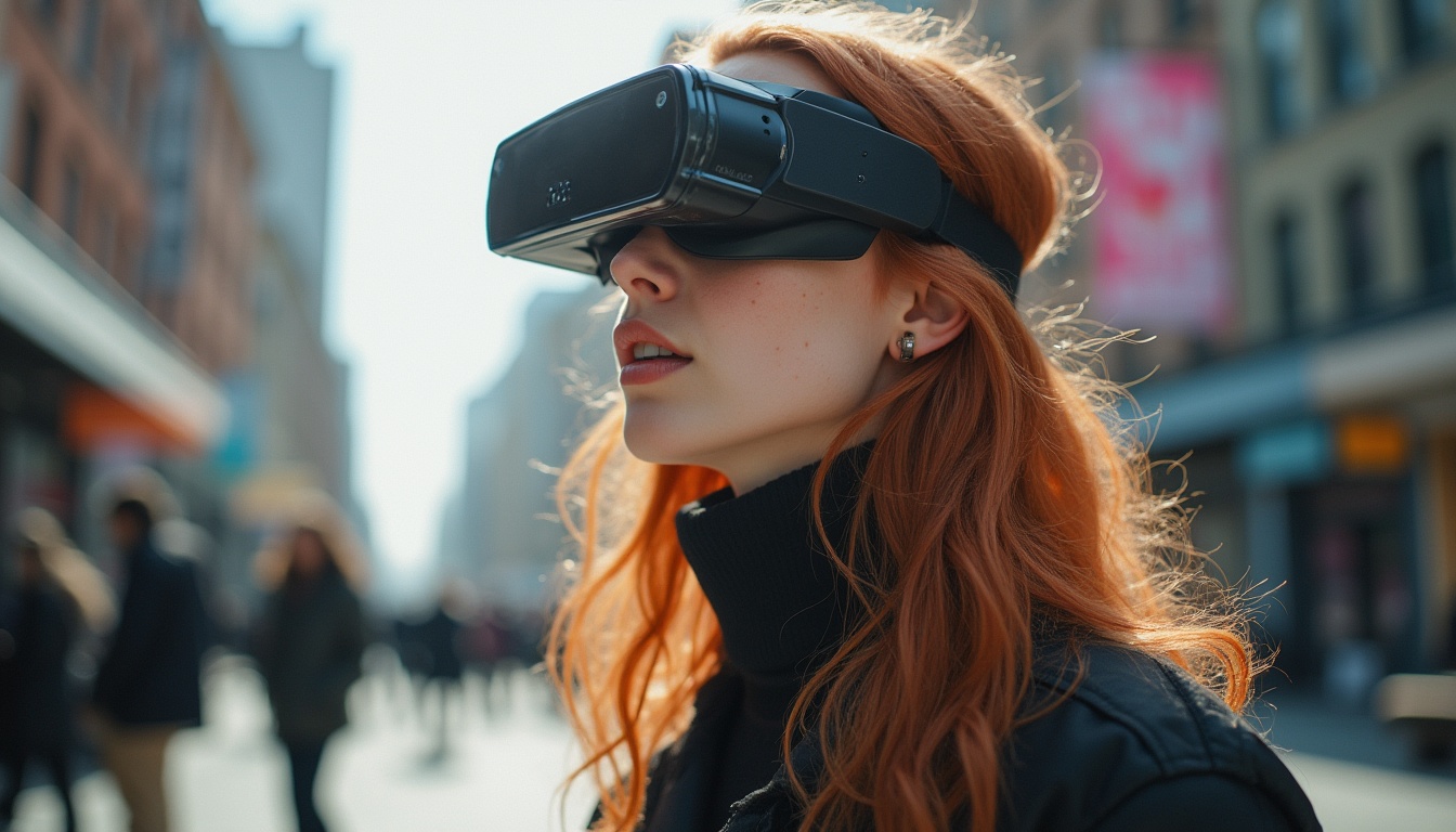 A woman with long red hair wearing a virtual reality headset stands outdoors on a city street, surrounded by blurred buildings and people in the background.
