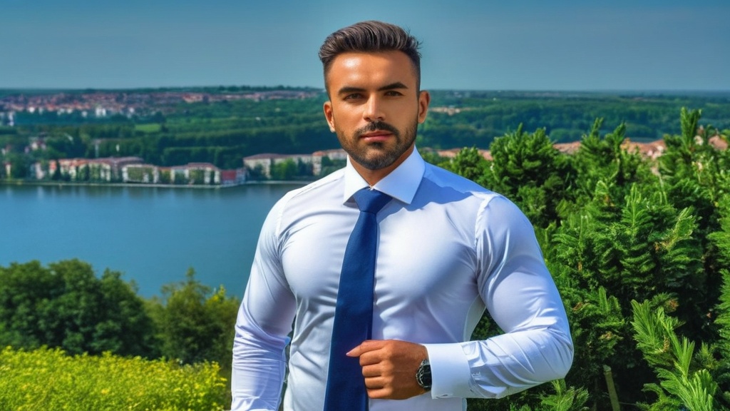 A man in a white shirt and dark tie stands outdoors with a lake, greenery, and distant buildings in the background on a sunny day.