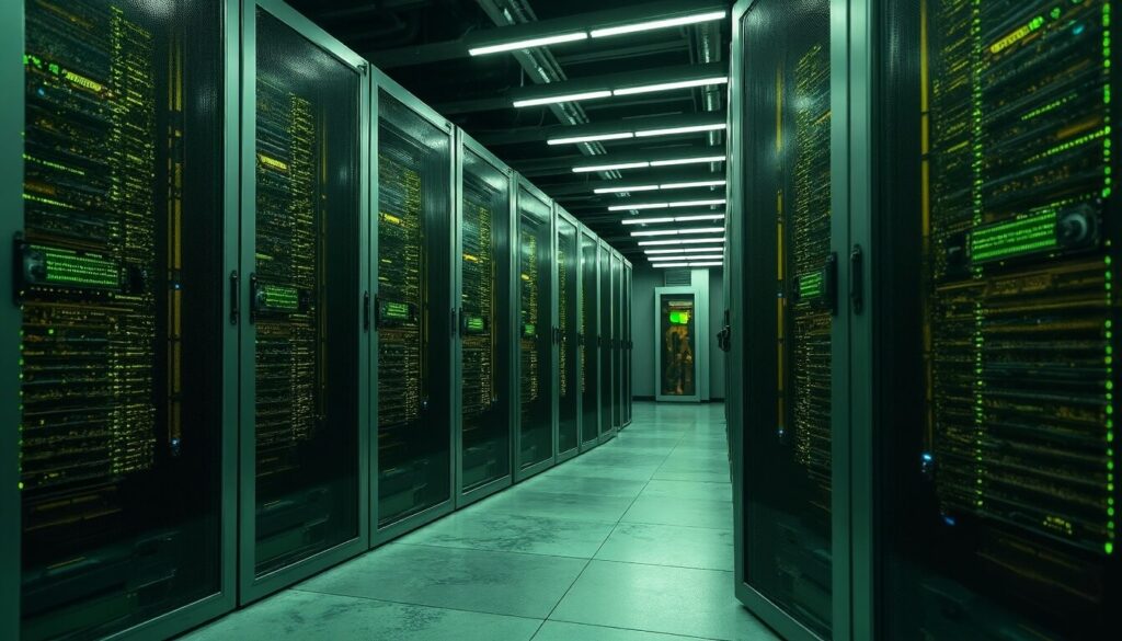 A modern data center corridor with rows of server racks on both sides, illuminated by green and yellow LED lights—highlighting why every leader needs to care about AI server cost, as shown by OpenAI’s projected $450 billion spend through 2030.