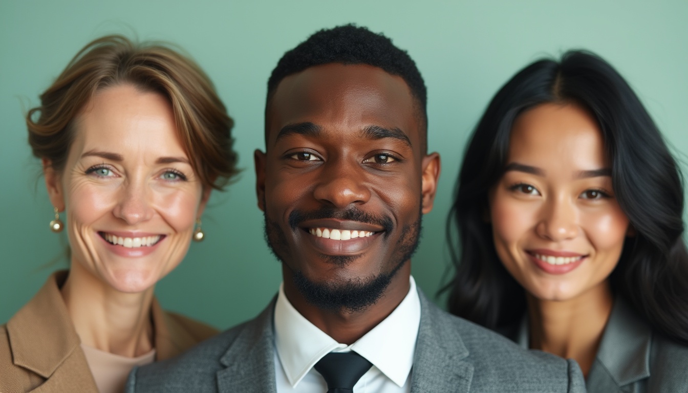 Three professionally dressed people—two women and one man—stand close together, smiling warmly at the camera, in front of a plain, light green background.