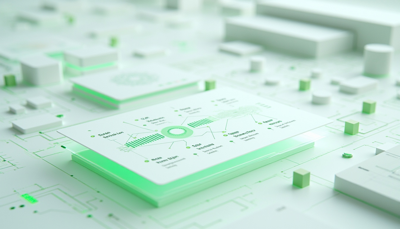 A stylized digital illustration of a circuit board with green glowing lines, abstract components, and a central data diagram, representing advanced technology or artificial intelligence.