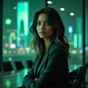 A woman with long, wavy hair wearing a dark blazer sits confidently at a conference table, with city lights and tall, illuminated buildings visible through large windows behind her at night.