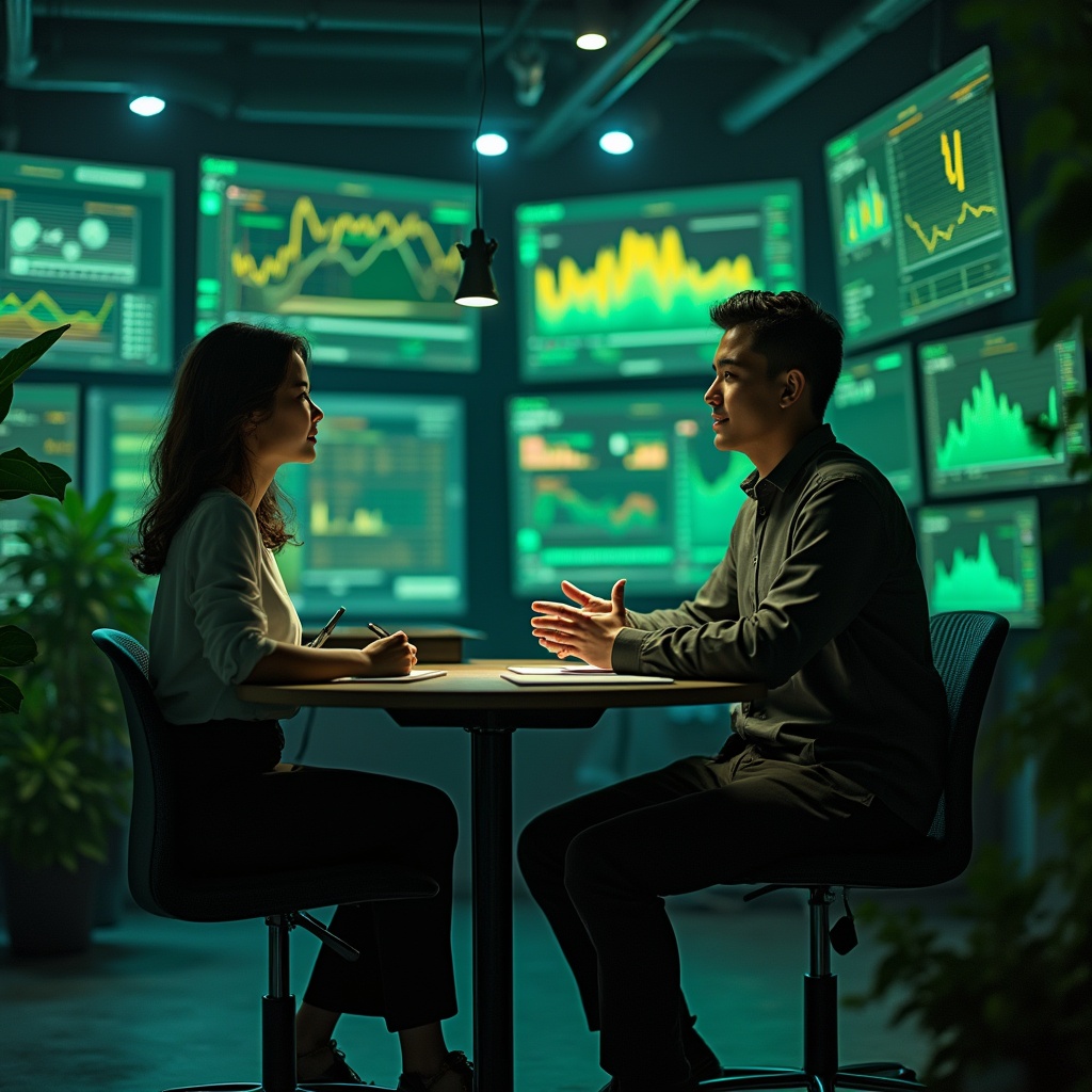Two people sit at a table in a dark room, discussing documents, surrounded by large screens displaying colorful financial graphs and data. The scene has a professional, analytical atmosphere.