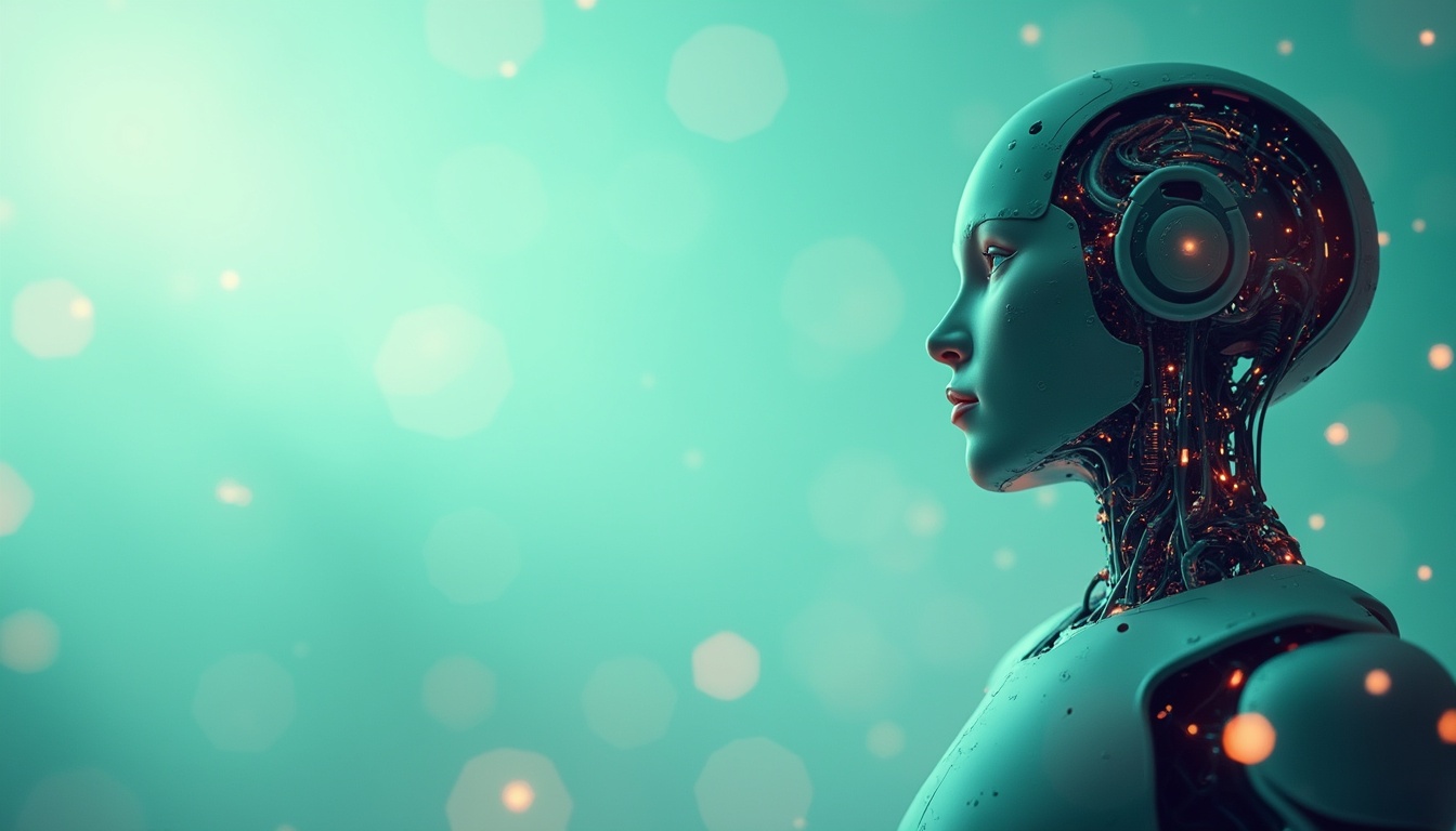 A futuristic humanoid robot with a smooth face and visible circuits stands in profile against a teal background with soft glowing lights. The robot appears thoughtful and advanced in design.