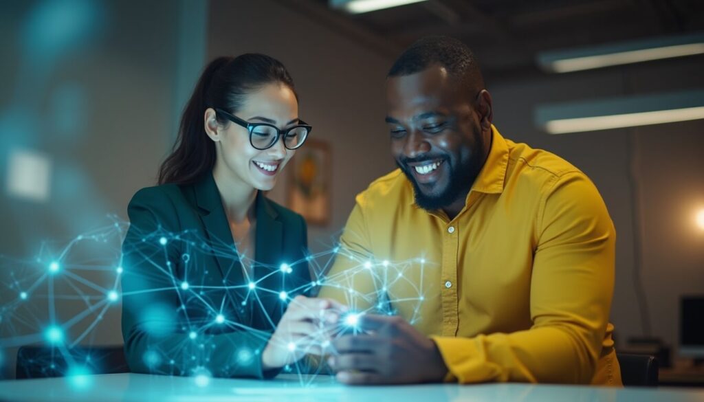 Two professionals, one woman and one man, smiling and collaborating at a desk with abstract blue digital network graphics overlaying their workspace, suggesting technology and innovation.