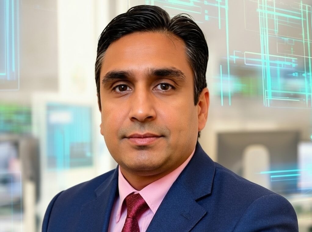 A man in a suit and tie poses for a professional portrait in an office, with computer screens displaying digital graphics—an insight-rich narrative of how Agile and AI serve as complementary accelerators of value in today’s business landscape.