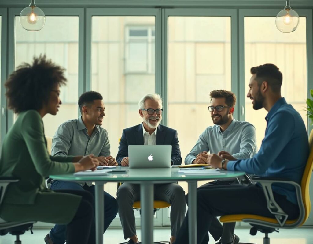 A diverse group of professionals meets around a conference table in a modern office, discussing AI strategy. An older man leads the conversation with a laptop open in front of him. Natural light streams through large windows.