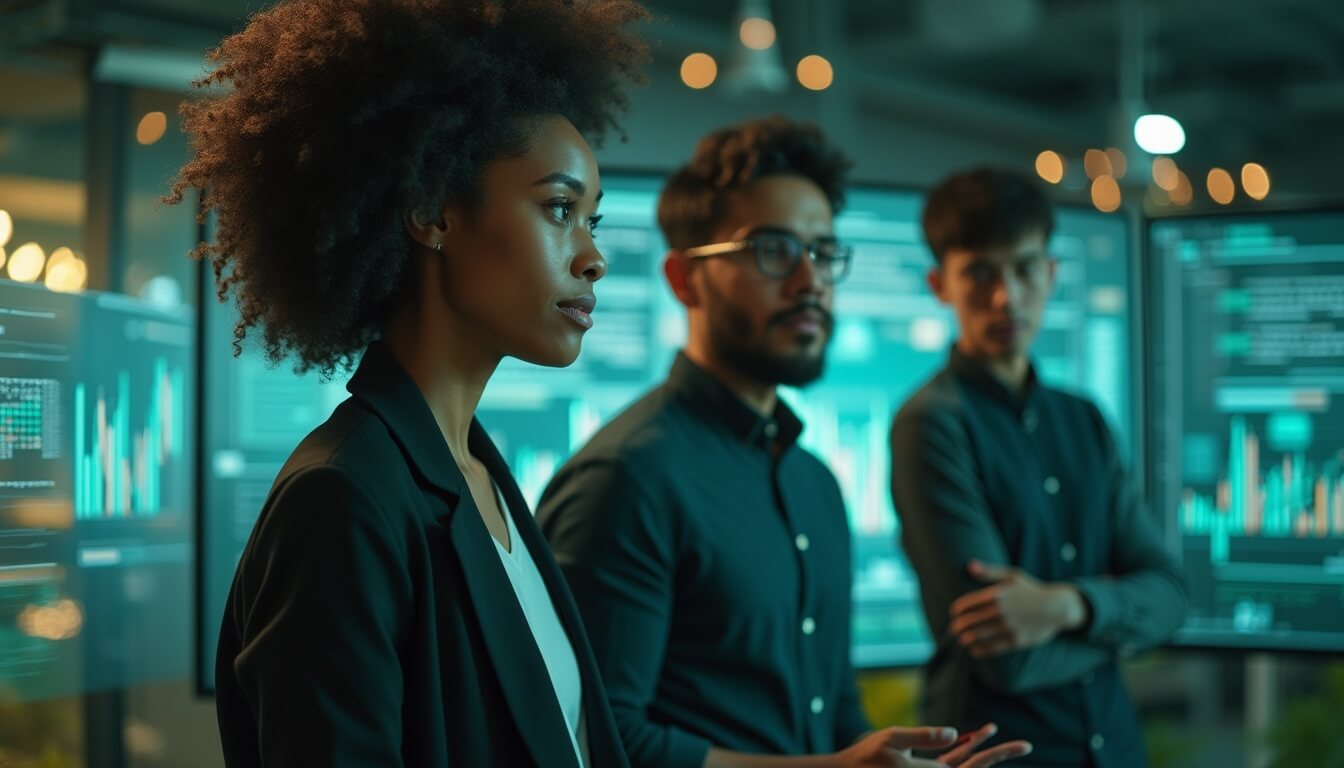 Three professionals stand in a modern office with large digital screens displaying data and charts behind them. The woman in the foreground appears focused, while two men stand slightly behind her, all dressed in business attire.